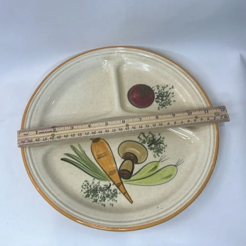 Los Angeles Potteries USA 3 Section Divided Plate Heavy Ceramic Orange Green Red